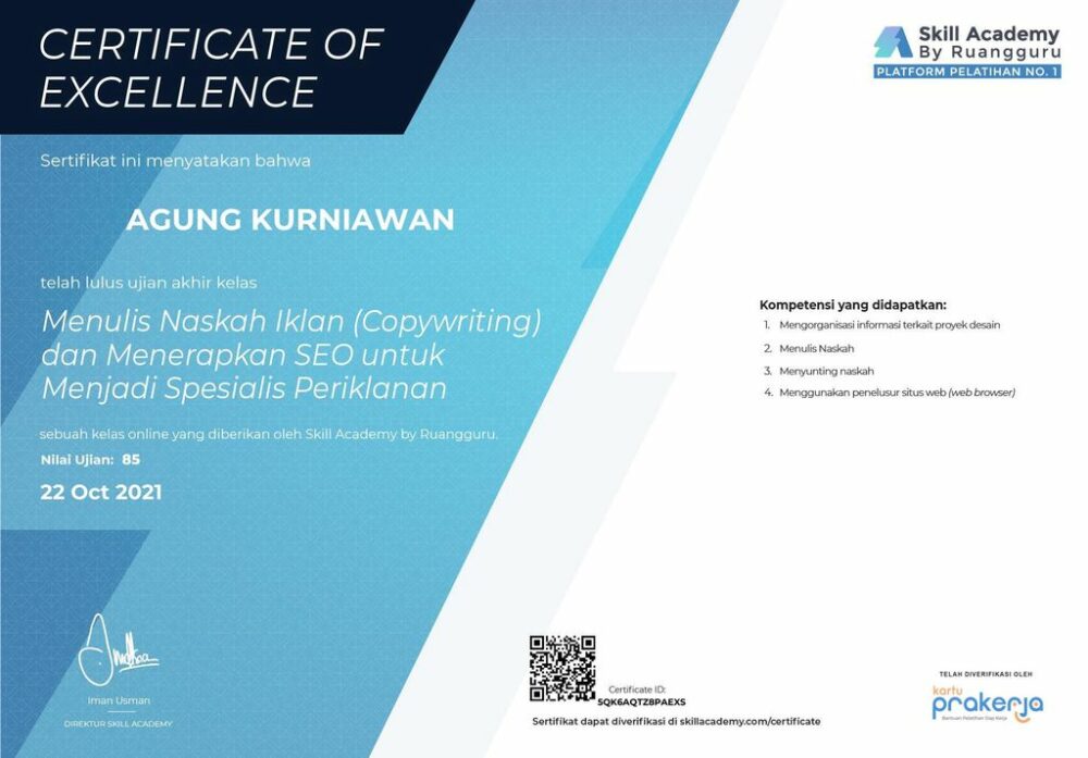 Certificate kursus copywritting dan SEO